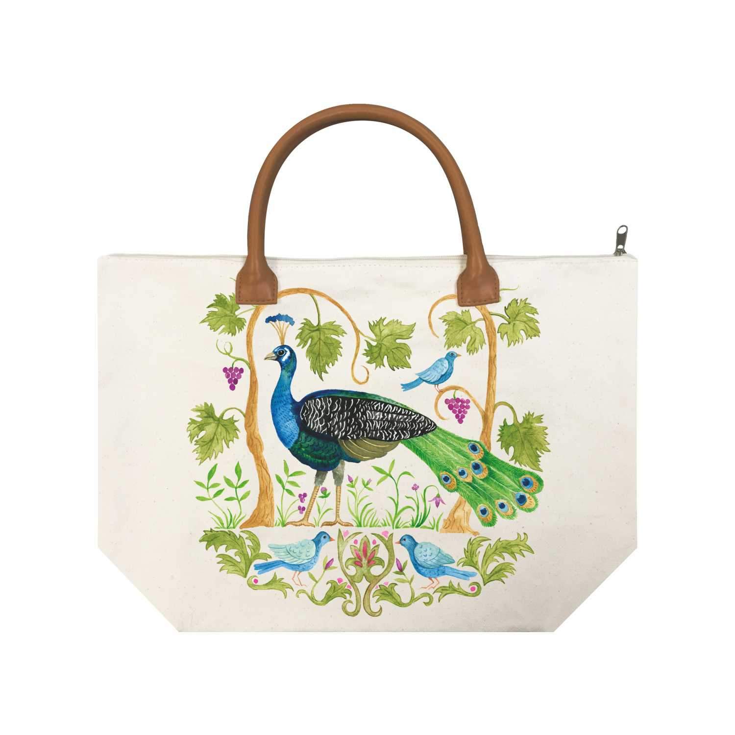 Hand-painted Leather Peacock Tote Bag